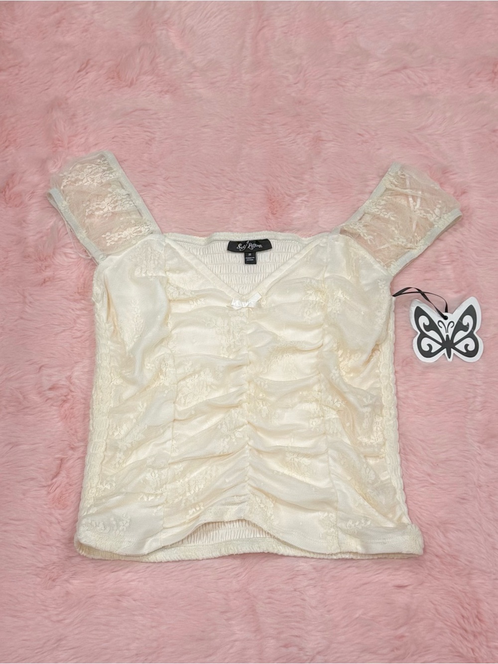 Self Esteem Cream Lace Tank Shirred Top